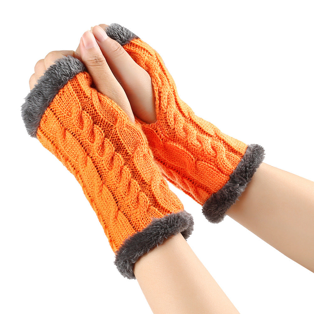 Winter Plush Gloves Twist Knitted Fingerless Fleece Gloves Women Warm Thickened Woolen Gloves