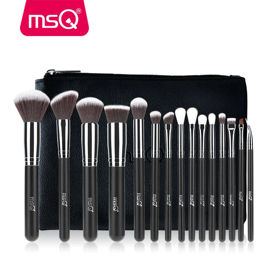 MSQ Professional 15pcs Makeup Brushes Set Powder Foundation Eyeshadow Make Up Brush Kit Cosmetics Synthetic Hair PU Leather Case