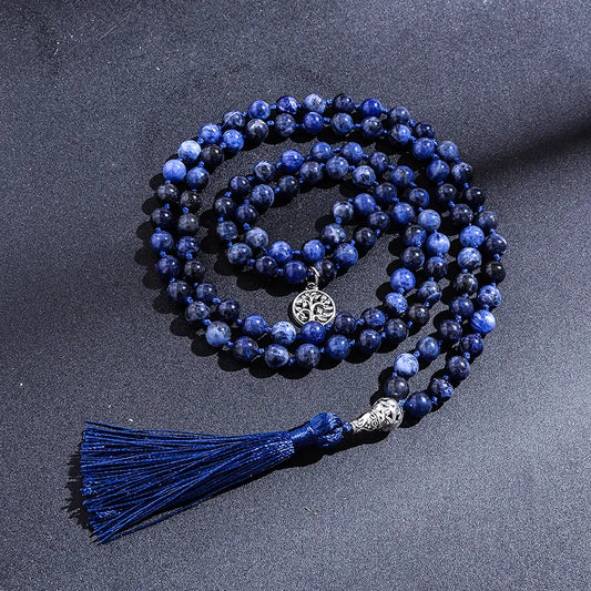 108 Mala Natural Sodalite Lapis Lazuli Handmade Beaded Knot Meditation Yoga  Anniversary Big Buddha Head Tassel Long Necklace