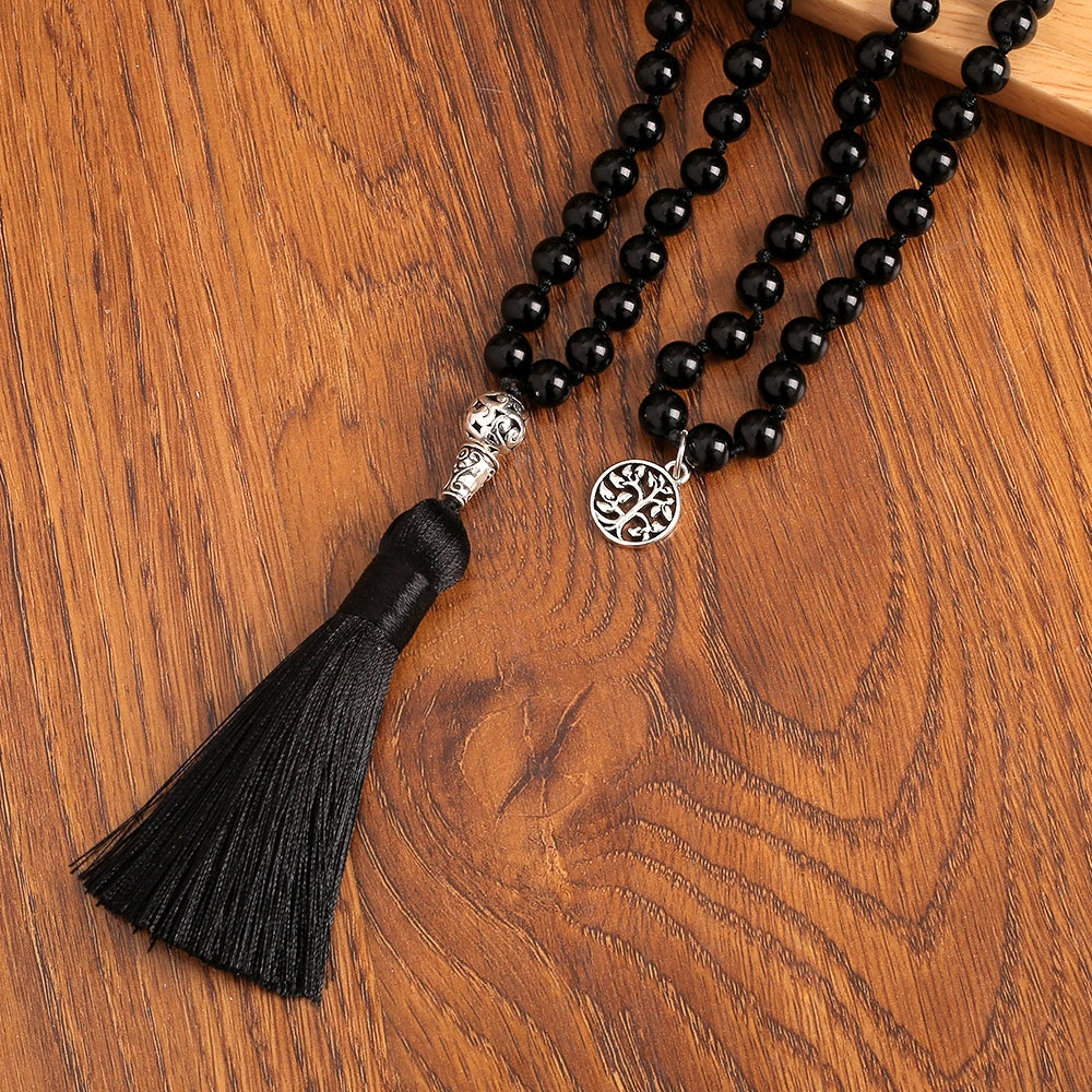 108 Mala Beads Necklace Black Onyx 8MM Rosary Meditation Jewelry Japamala Tassel Necklace with Tree of Life Pendant