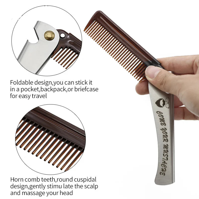 1 pcs Men Folding Pocket Comb Knife Shape PP Teeth Detangling Hair Beard Comb Metal Handle Foldable Combing Facial Mustache Comb