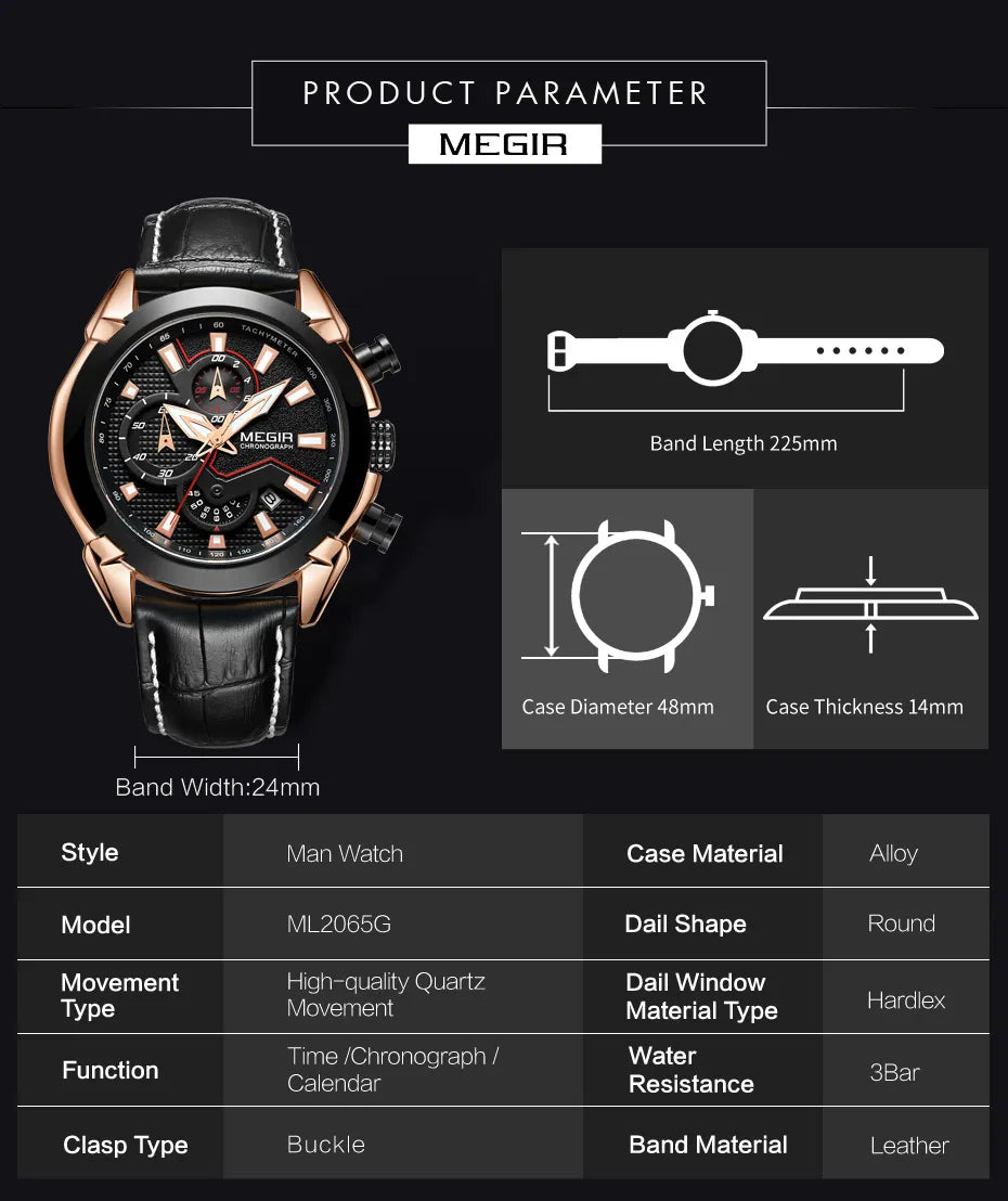 MEGIR Military Sport Watch for Men Top Brand Luxury Watches Leather Strap Quartz Wristwatch Man Clock Chronograph Reloj Hombre