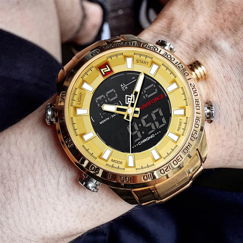 NAVIFORCE Luxury Brand Mens Sport Watch Gold Quartz Led Clock Men Waterproof Wrist Watch Male Military Watches Relogio Masculino