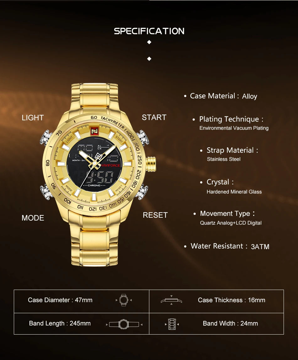 NAVIFORCE Luxury Brand Mens Sport Watch Gold Quartz Led Clock Men Waterproof Wrist Watch Male Military Watches Relogio Masculino