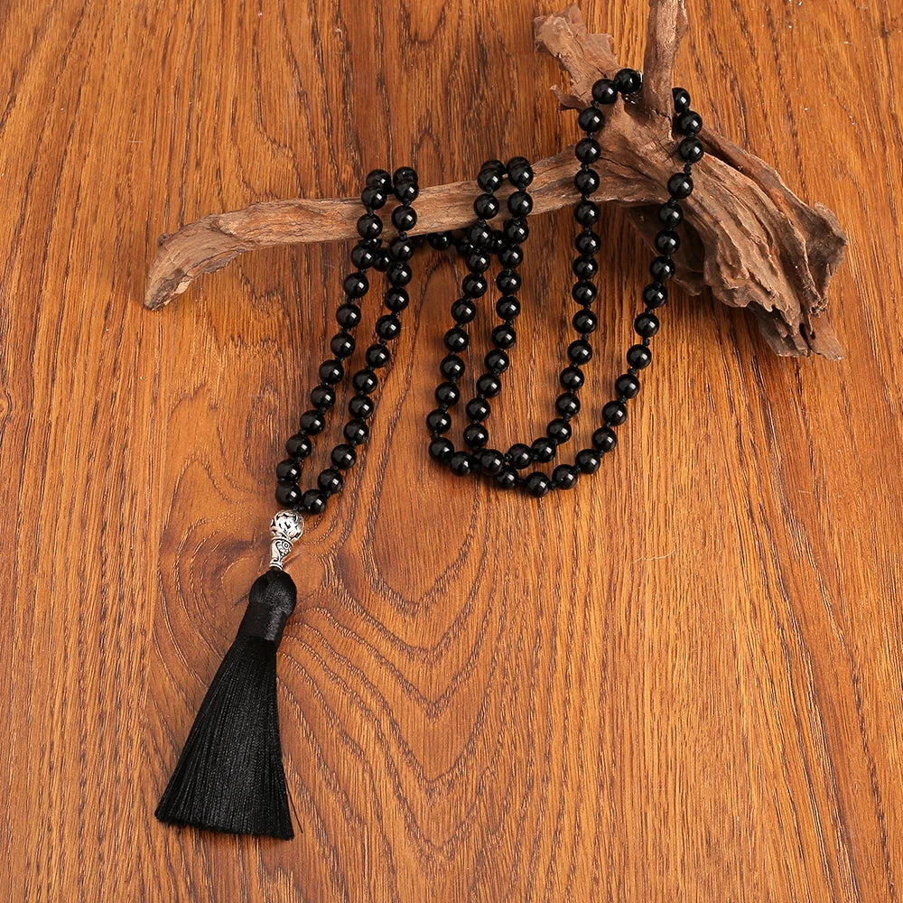 108 Mala Beads Necklace Black Onyx 8MM Rosary Meditation Jewelry Japamala Tassel Necklace with Tree of Life Pendant