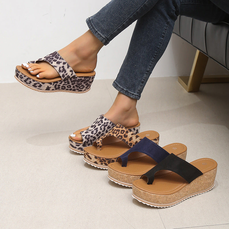 Fashion Leopard Print Wedge Slippers For Women New Thick-sole High Heel Flip Flops Shoes Summer Outdoor Slippers