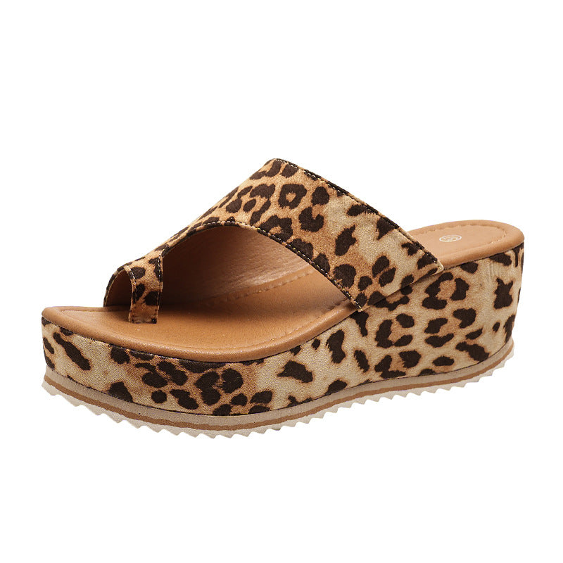 Fashion Leopard Print Wedge Slippers For Women New Thick-sole High Heel Flip Flops Shoes Summer Outdoor Slippers