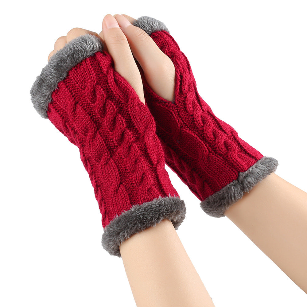 Winter Plush Gloves Twist Knitted Fingerless Fleece Gloves Women Warm Thickened Woolen Gloves