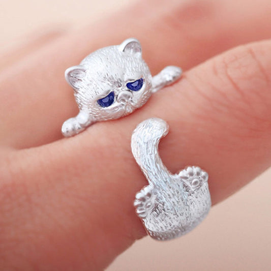 Hot Cute Lifelike Cat Opening Rings For Women Trendy Silver