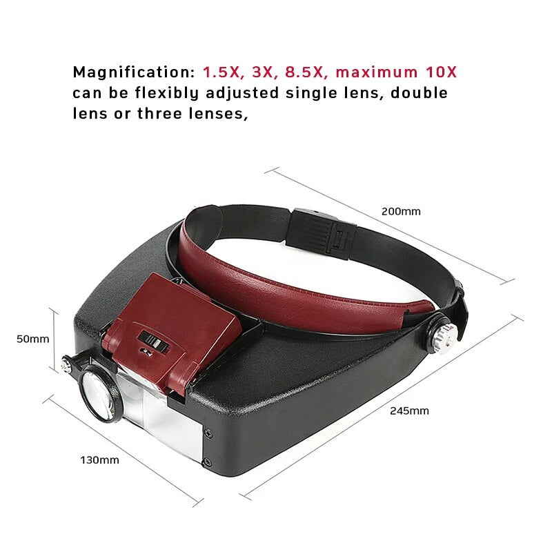 Helmet Style 10X Headband Magnifier Glasses Adjustable Size LED Magnifier Loupe Glasses For Repairing Watch Jewelry Reading