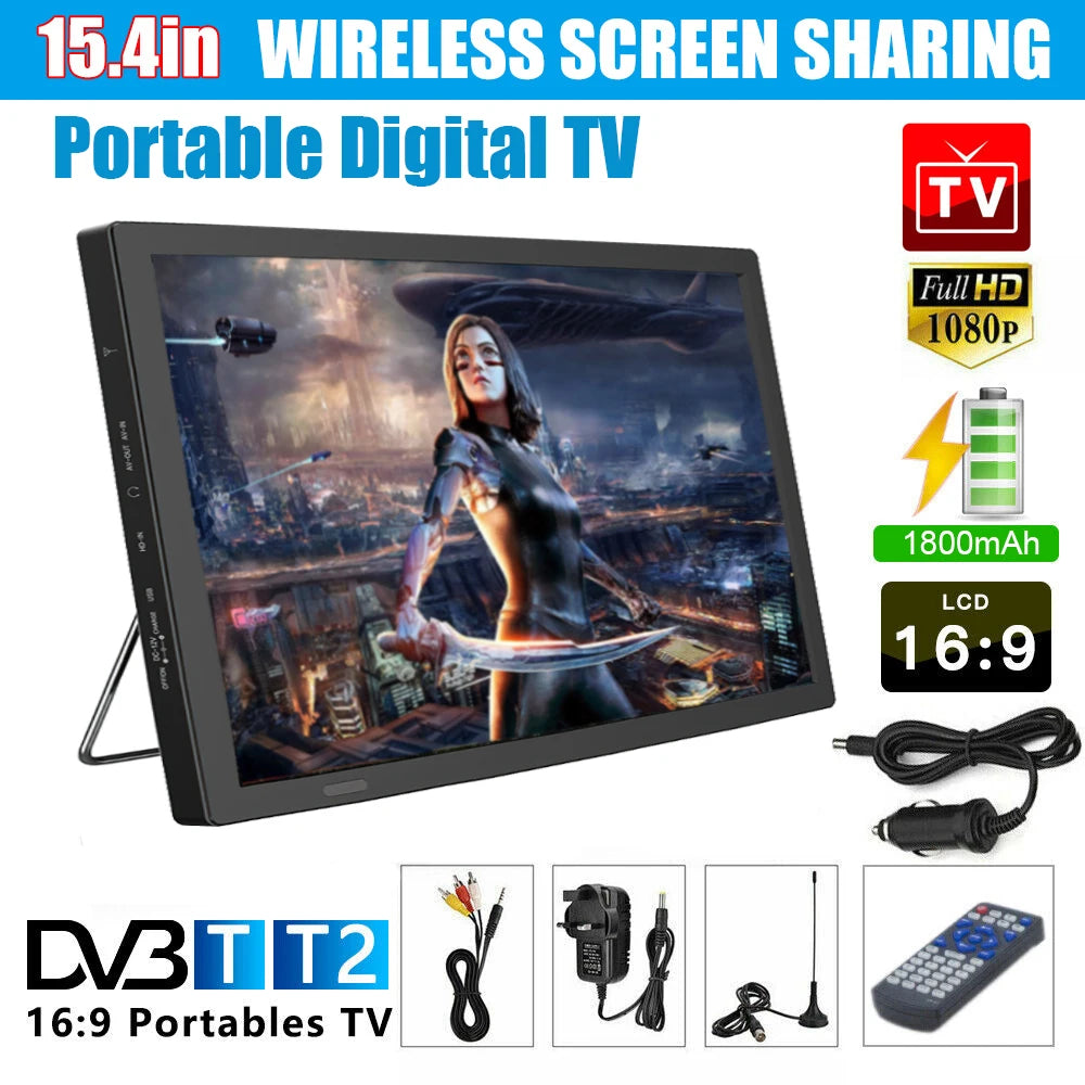 15.4" Portable Car TV Digital Television DVB-T2 ATSC ISDB-T Digital Analog TV Wireless Screen Share Miracast HDMI Video Player