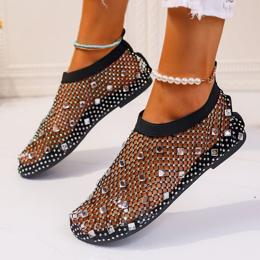 Fashion Mesh Flat Sandals With Colorful Rhinestone Design Summer New Round Toe Beach Shoes For Women
